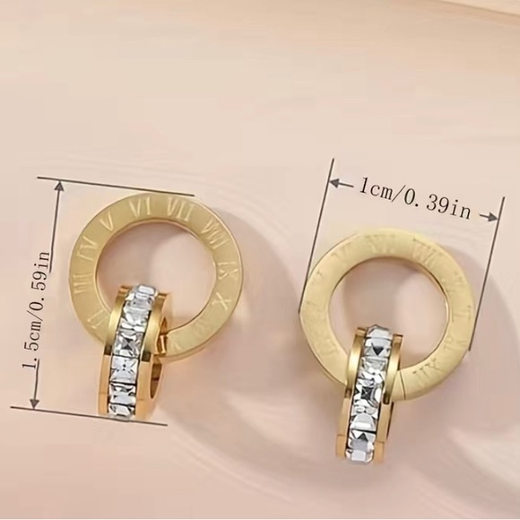 New Roman Numerals Crystal zircon Titanium Steel Earrings. - Picture 4 of 5